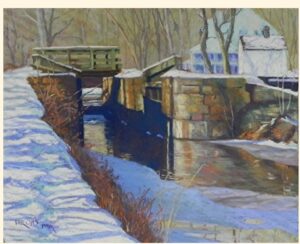 Pastel painting of Great Falls Lock and Tavern